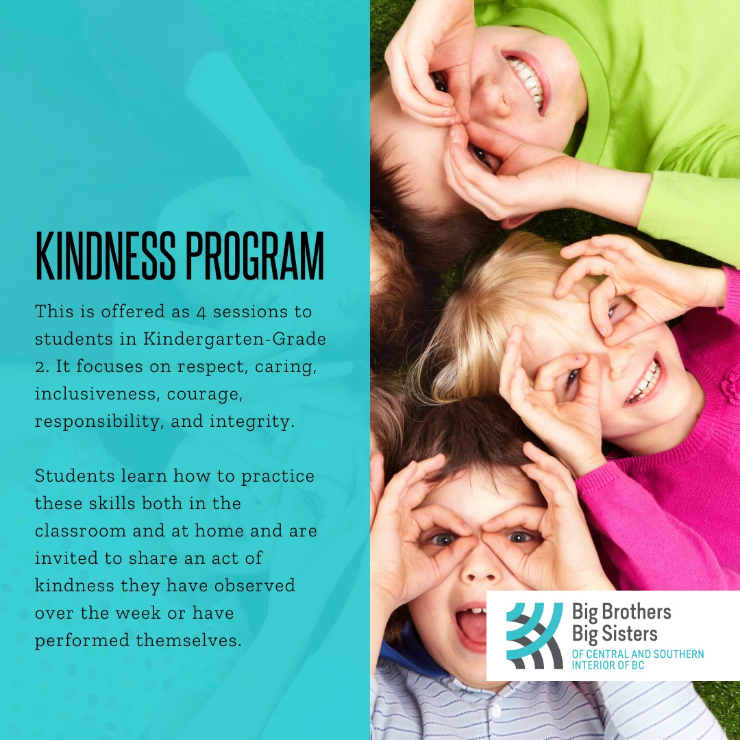 The Kindness Program is offered as 4 sessions to students in Kindergarten to Grade 2. It focuses on respect, caring, inclusiveness courage, responsibility, and integrity.